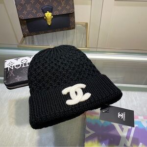 CHANEL Black Knit Hat with White Logo